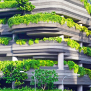 Edificios con jardines verdes en los alrededores