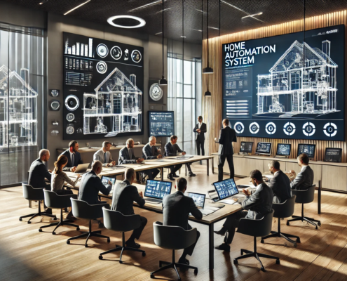 Arquitectos recibiendo capacitación en domótica en una sala de conferencias moderna, con pantallas mostrando planos de casas inteligentes.