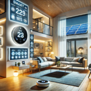 Sala de estar moderna de una casa inteligente con tecnología avanzada, incluyendo termostato inteligente, luces automatizadas y panel de control central.