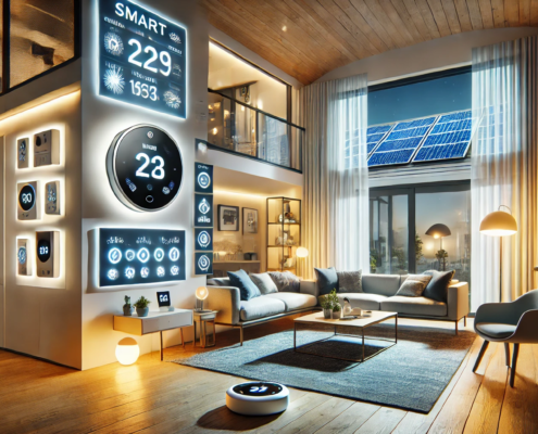 Sala de estar moderna de una casa inteligente con tecnología avanzada, incluyendo termostato inteligente, luces automatizadas y panel de control central.