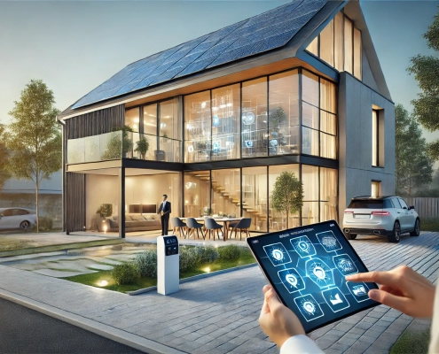 Propiedad moderna con tecnología inteligente integrada, incluyendo paneles solares, ventanas inteligentes y un agente inmobiliario presentando sus características a un cliente.