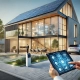 Propiedad moderna con tecnología inteligente integrada, incluyendo paneles solares, ventanas inteligentes y un agente inmobiliario presentando sus características a un cliente.