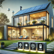 Casa inteligente sostenible con paneles solares y tecnología de automatización.