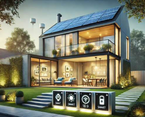 Casa inteligente sostenible con paneles solares y tecnología de automatización.