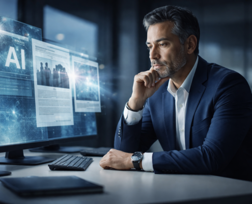 CEO latinoamericano analiza noticias sobre IA y desempleo en oficina moderna — estrategia sin pánico