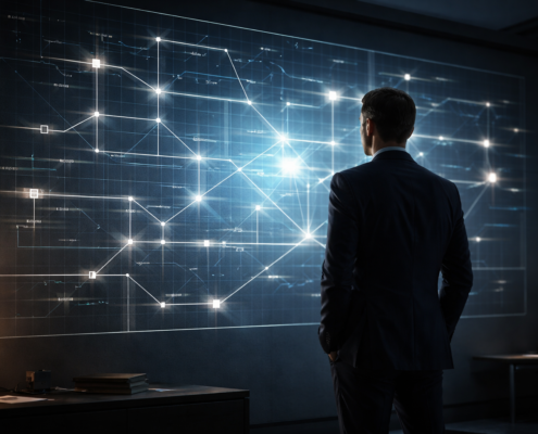 Líder empresarial analizando un mapa operativo estratégico antes de adoptar inteligencia artificial en su empresa