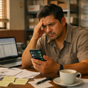 Dueño de PYME mexicana revisando mensajes sin respuesta en WhatsApp Business desde su escritorio de trabajo, rodeado de documentos operativos desorganizados