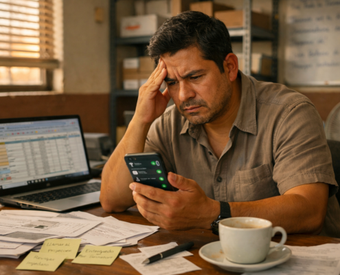 Dueño de PYME mexicana revisando mensajes sin respuesta en WhatsApp Business desde su escritorio de trabajo, rodeado de documentos operativos desorganizados