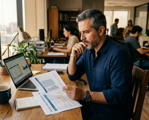 Fundador de PYME revisando datos operativos en su oficina antes de adoptar inteligencia artificial