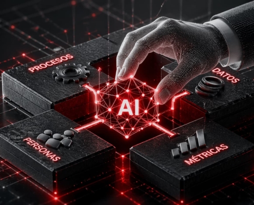Ilustración conceptual de una mano colocando una red de IA cristalina sobre cuatro bloques estructurales etiquetados PROCESOS, DATOS, PERSONAS, y MÉTRICAS, usando colores negro, gris, blanco y rojo.