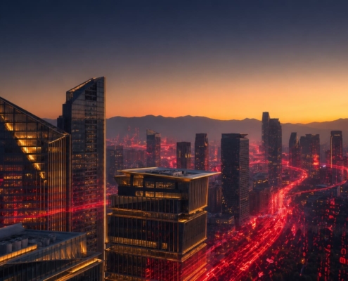 Edificios corporativos iluminados por datos digitales mientras otros se desvanecen, metáfora de PYMEs visibles ante la IA.