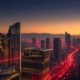Edificios corporativos iluminados por datos digitales mientras otros se desvanecen, metáfora de PYMEs visibles ante la IA.