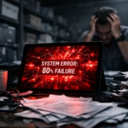 Representación visual del fracaso de proyectos de IA en una PYME debido al desorden operativo, mostrando una pantalla con error rojo en una oficina caótica.