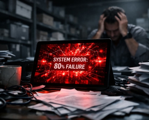 Representación visual del fracaso de proyectos de IA en una PYME debido al desorden operativo, mostrando una pantalla con error rojo en una oficina caótica.