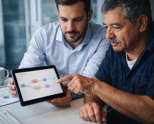 Empresario latino en sus 40s trabajando en una estación de trabajo moderna en una oficina pequeña en Monterrey, con un dashboard de datos en pantalla y un cuaderno de estrategia junto al teclado.