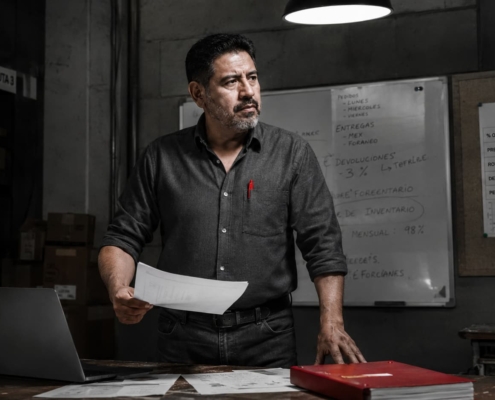 Empresario mexicano analiza un reporte operativo en el piso de su PYME, representando el diagnóstico estratégico previo a la adopción de inteligencia artificial.