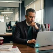 Empresario de una PYME en Monterrey revisa Microsoft Copilot en su laptop con expresión concentrada en una oficina real.