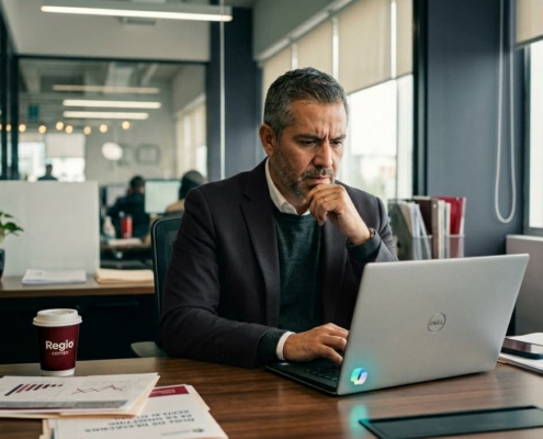 Empresario de una PYME en Monterrey revisa Microsoft Copilot en su laptop con expresión concentrada en una oficina real.